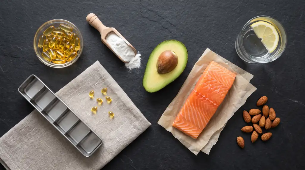 Supplements for men over 40: fish oil softgels, creatine powder, vitamin D, salmon, avocado and almonds