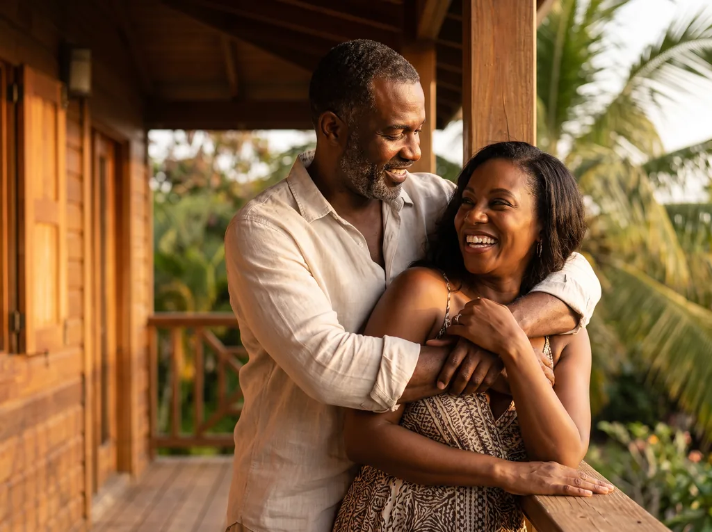 A couple laughing together on their porch at sunset