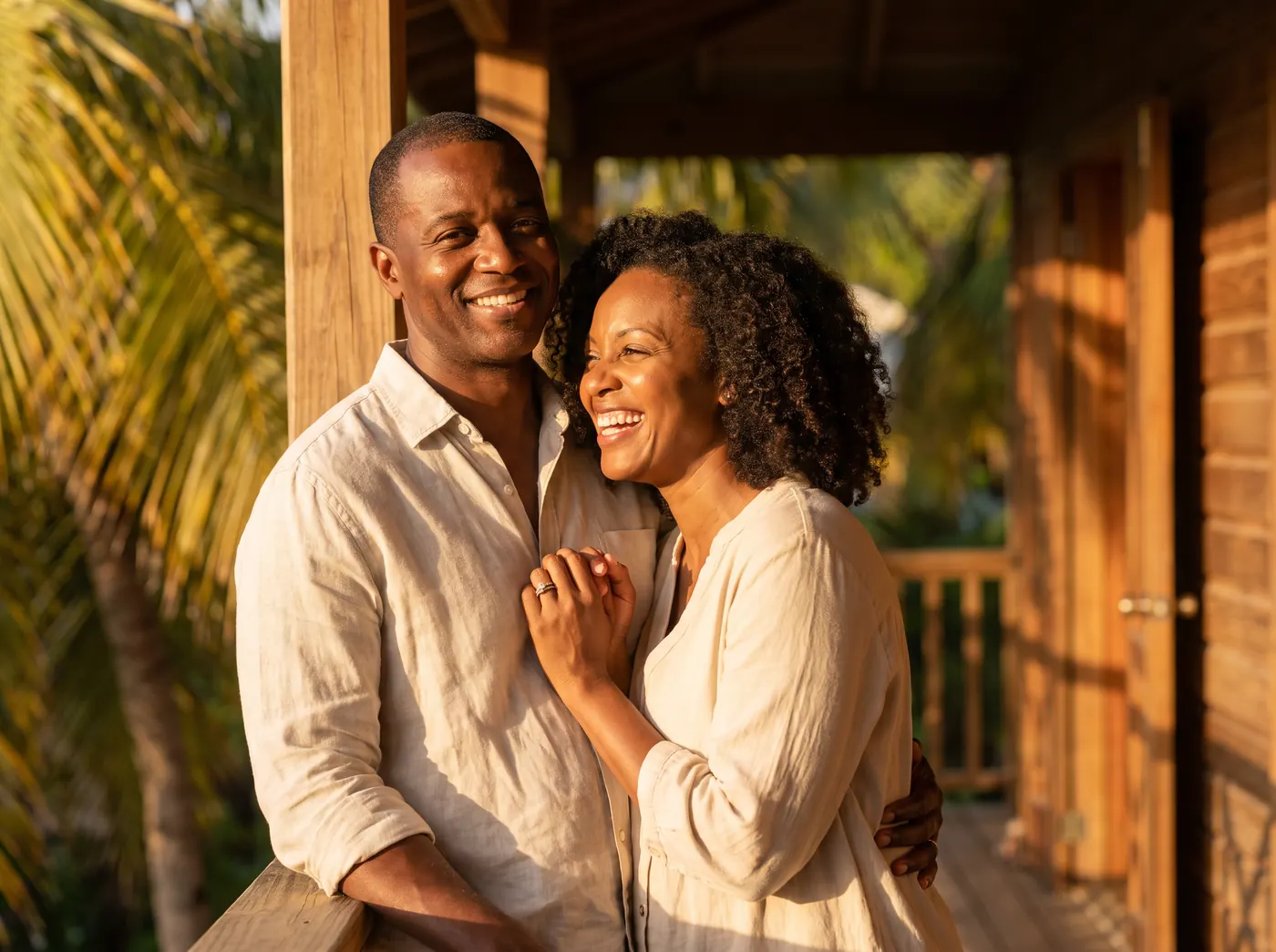 A couple smiling together on their porch