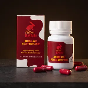 Ultra Bann box, bottle and capsules on dark stone