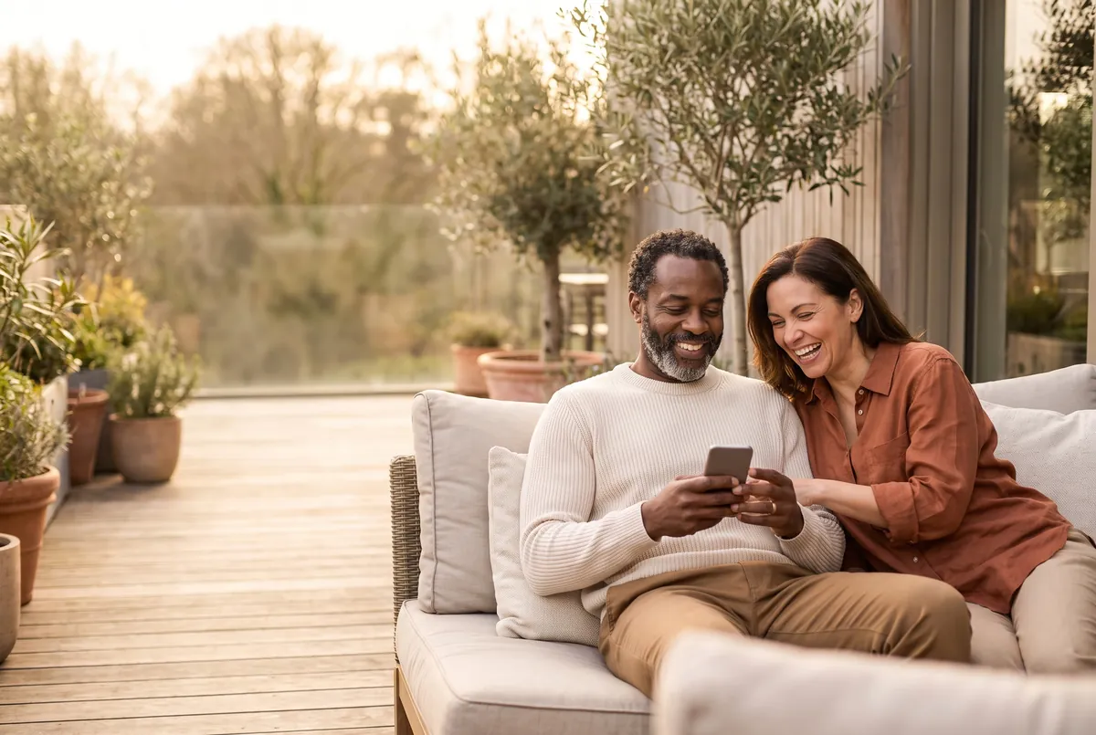 A smiling couple reading a message from Ultra Bann support on a phone