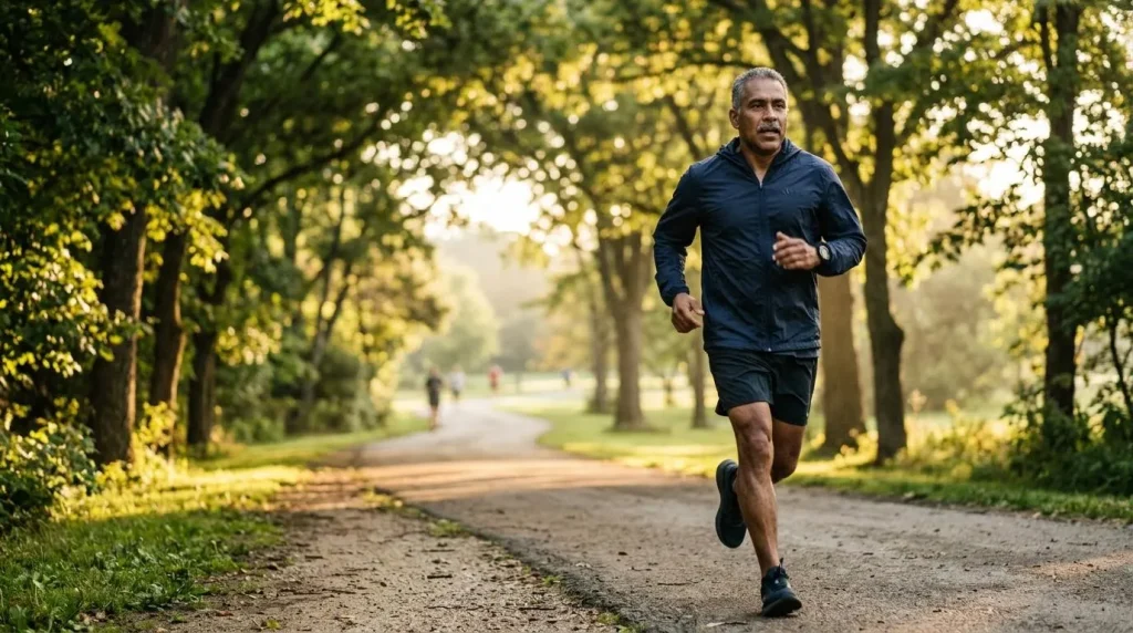 Aerobic exercise for healthy circulation Man in his 50s jogging on a park path, aerobic exercise that supports healthy circulation