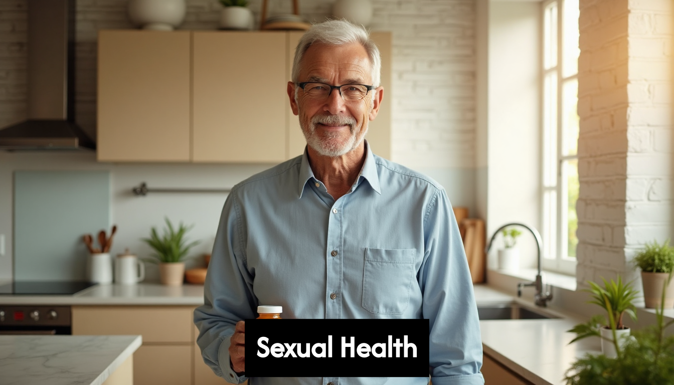 Middle-aged man with vitamins in kitchen