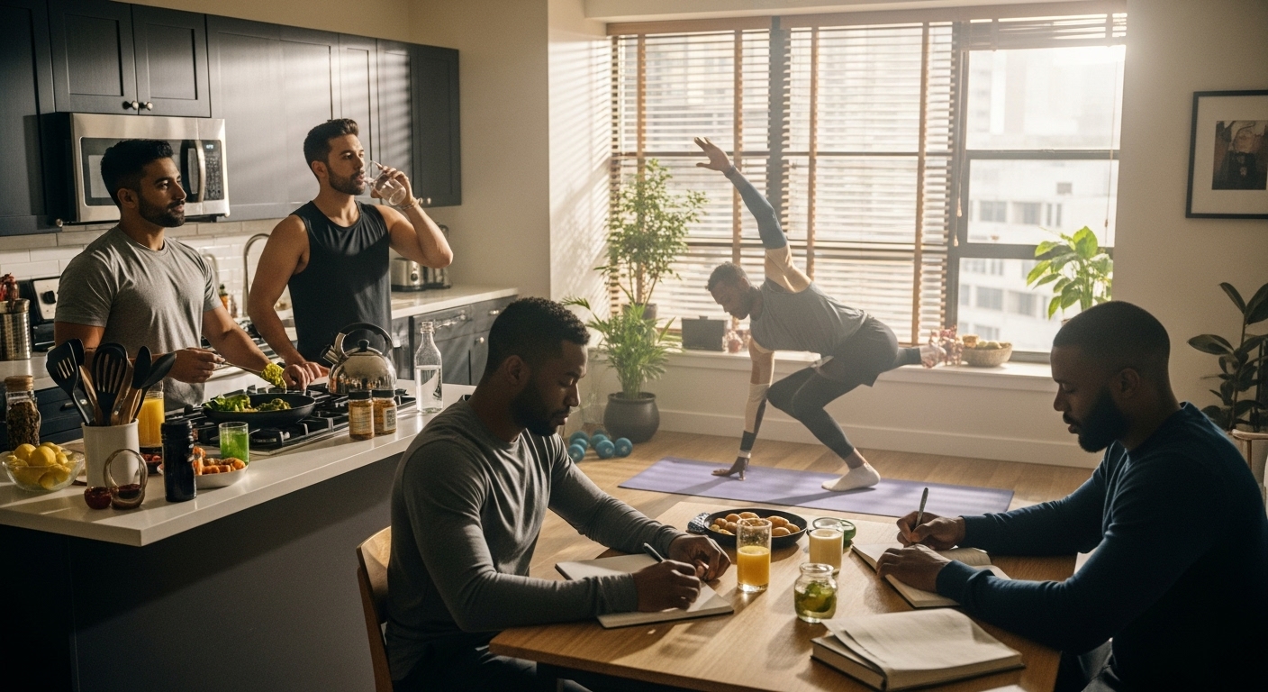 mens morning routine, healthy habits, diverse men morning