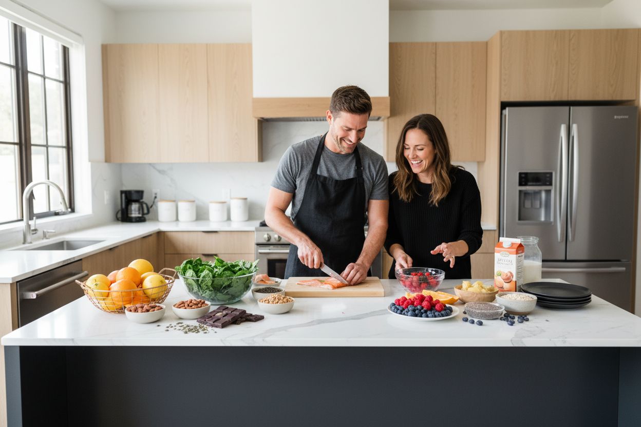 foods for better erections, healthy kitchen, couple cooking