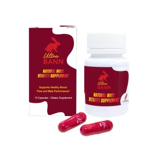 Ultra Bann Natural Male Vitality Supplement bottle and capsules