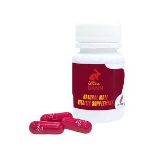 Ultra Bann Natural Male Vitality Supplement bottle and capsules