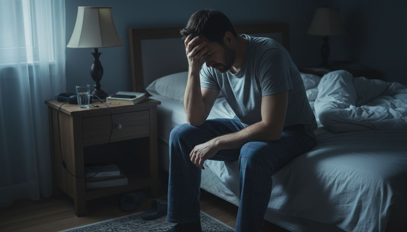 Anxious man sits on bed at night