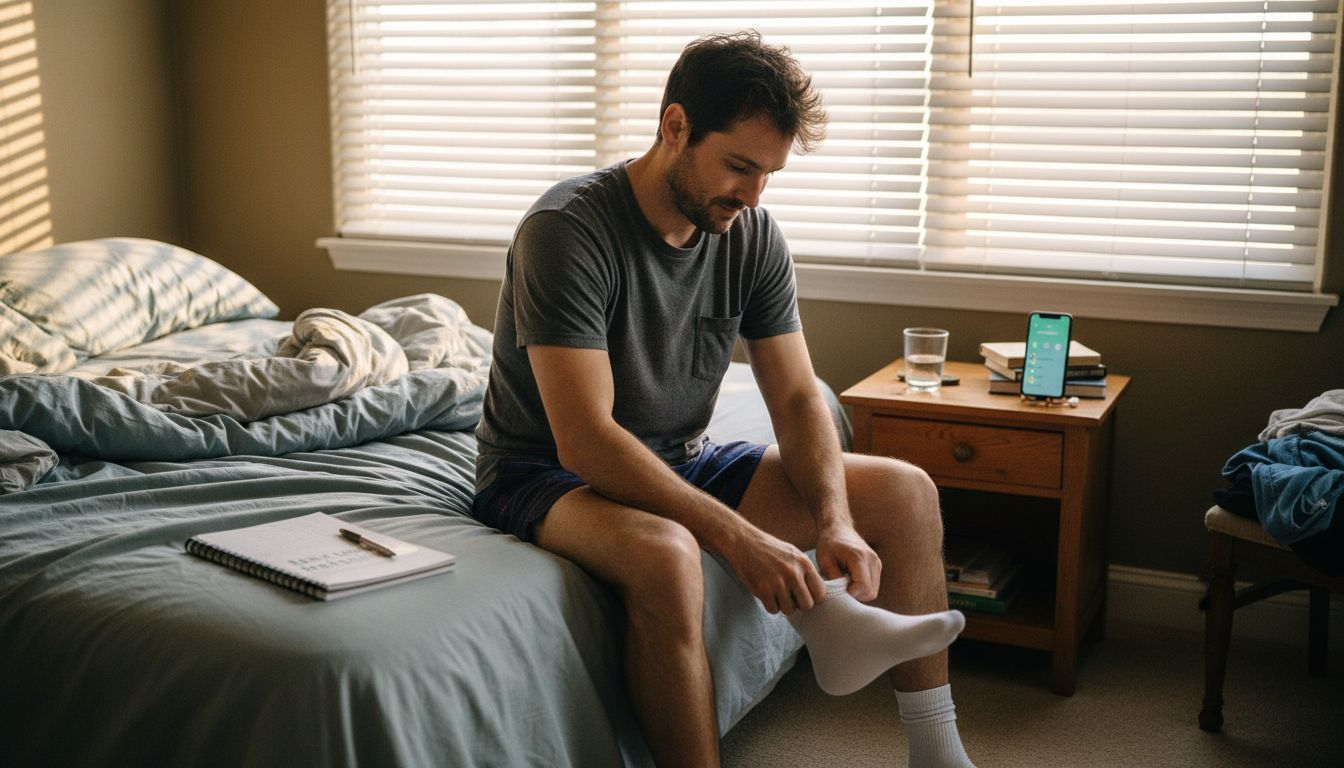 Man starting healthy morning routine in bedroom