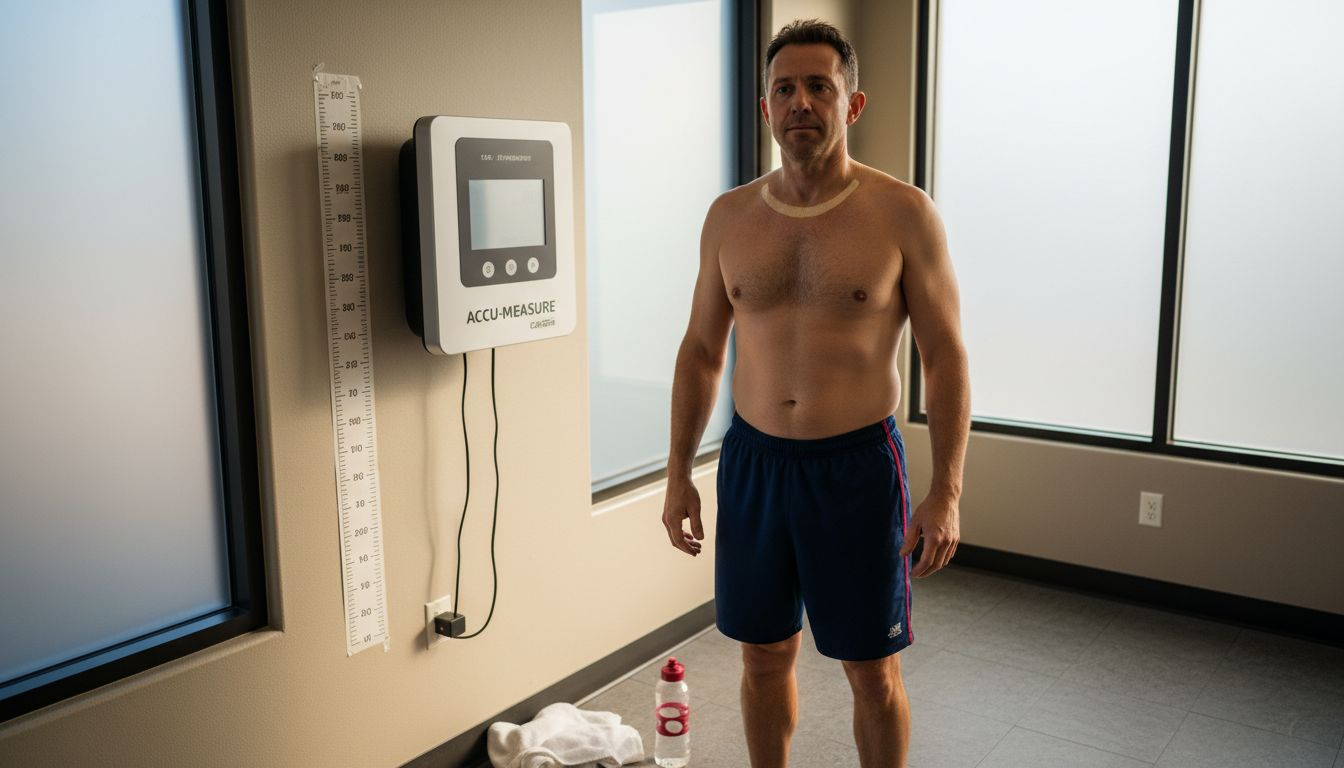 Shirtless man using body composition analyzer
