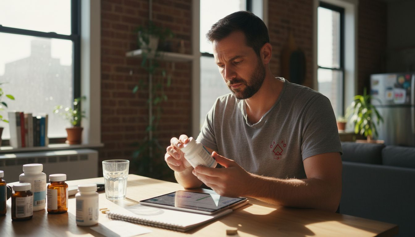 Man reading supplement label at kitchen table