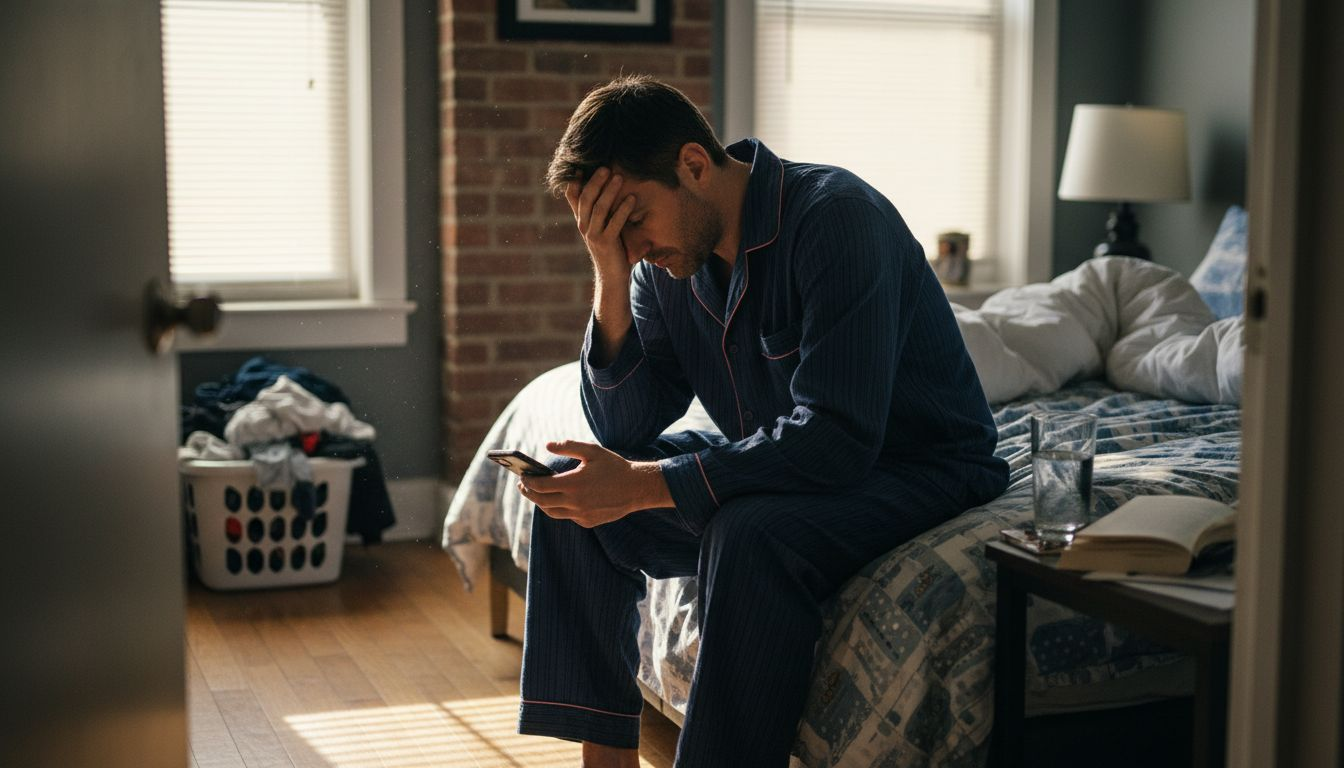 Man sitting on bed, morning light, stressed expression