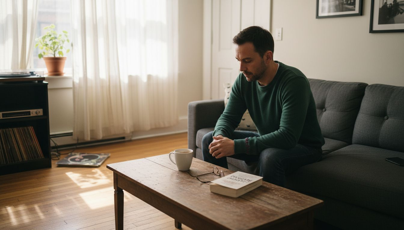 Man reflecting on emotions at home