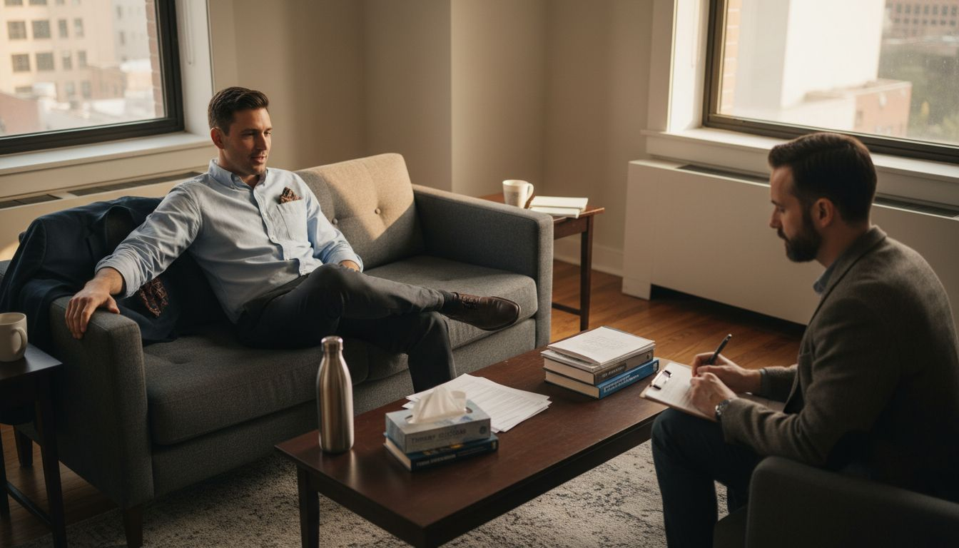 Man discussing mental health with therapist