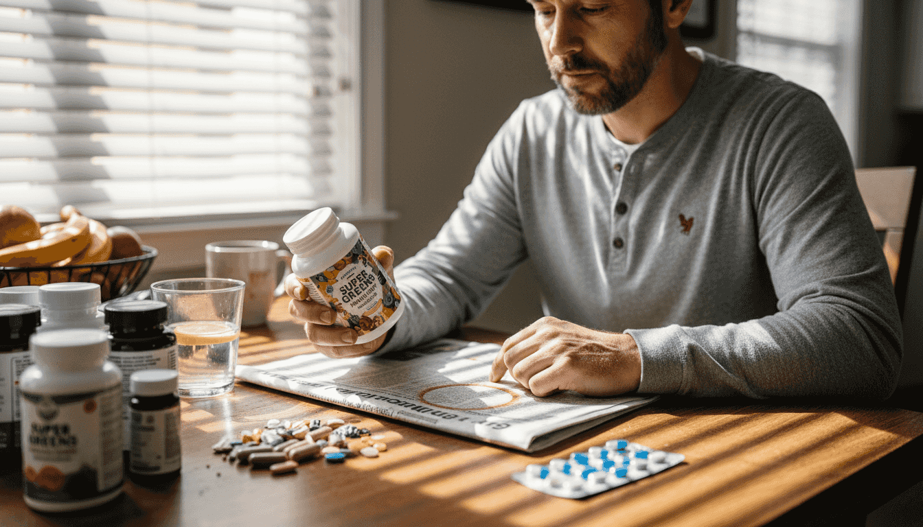 Man reviewing supplement bottle at home table