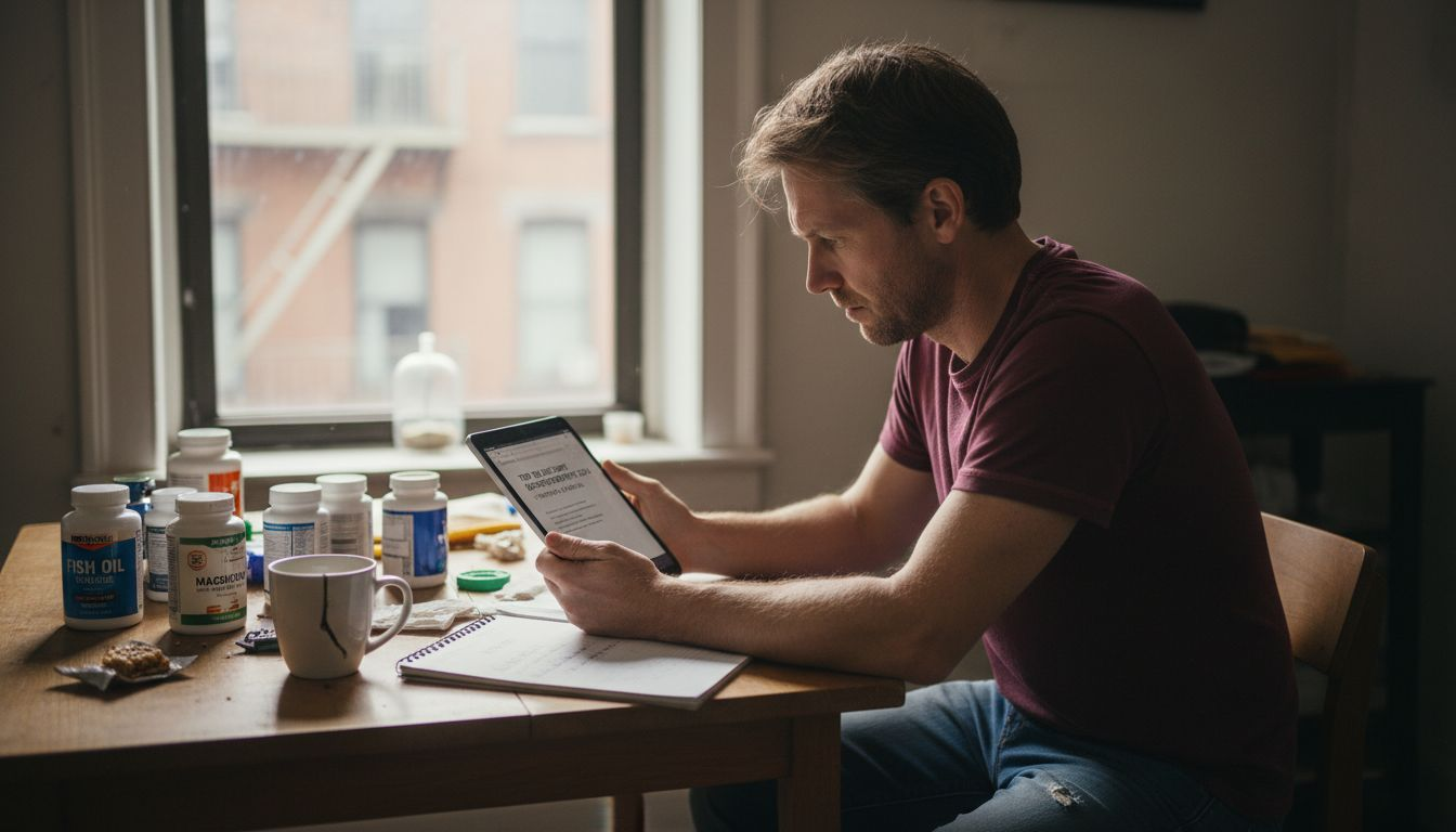 Man browsing male enhancement reviews on tablet