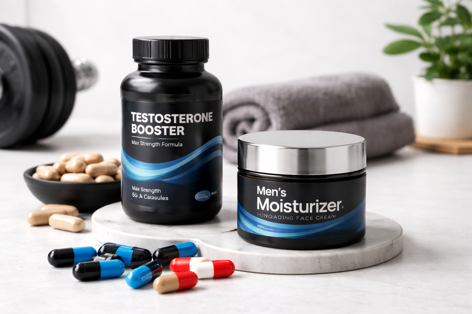 Testosterone booster supplement and men’s moisturizer with capsules displayed on table for male performance and enhancement support