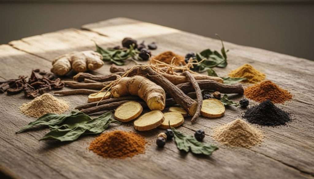 Ultra Bann Close-up arrangement of ashwagandha root, maca slices, tongkat ali roots, leaves, and powders on a rustic wooden table