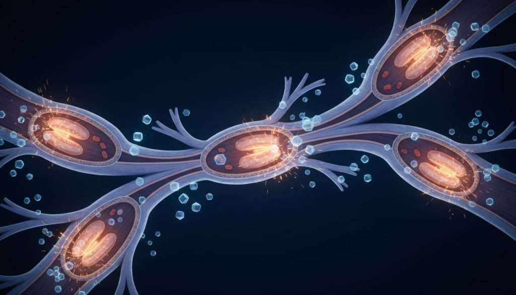 Ultra Bann Detailed visualization of mitochondria inside heart muscle cells producing energy sparks with glowing ATP molecules