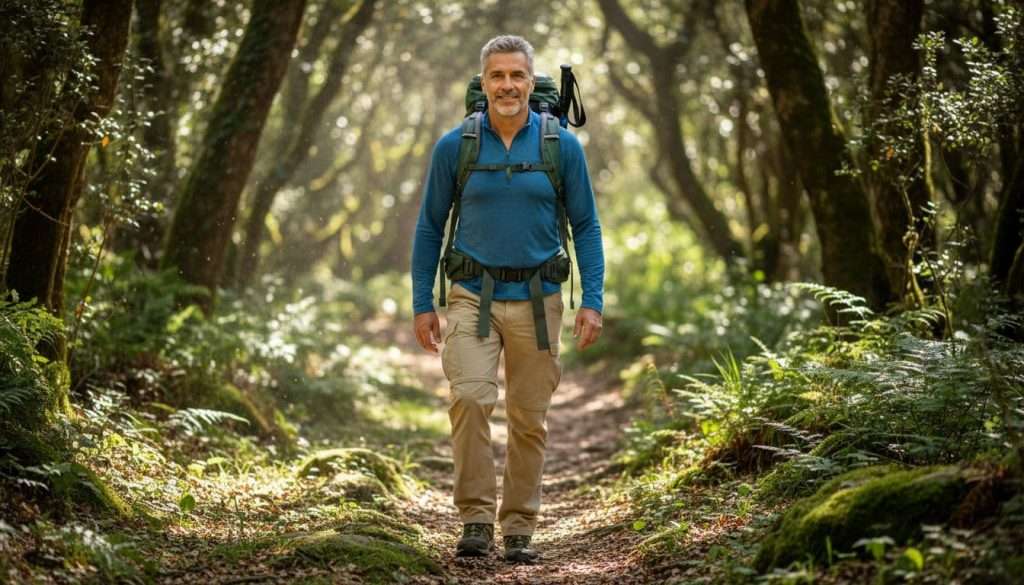 Ultra Bann A mature man over 40 hikes energetically on a forested trail during daytime, looking focused in casual outdoor clothes