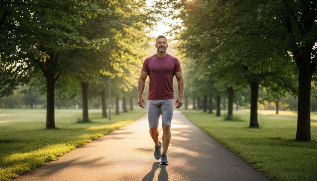 Ultra Bann One fit man in his 40s walks briskly on a tree-lined park path at dawn, wearing comfortable athletic wear with relaxed