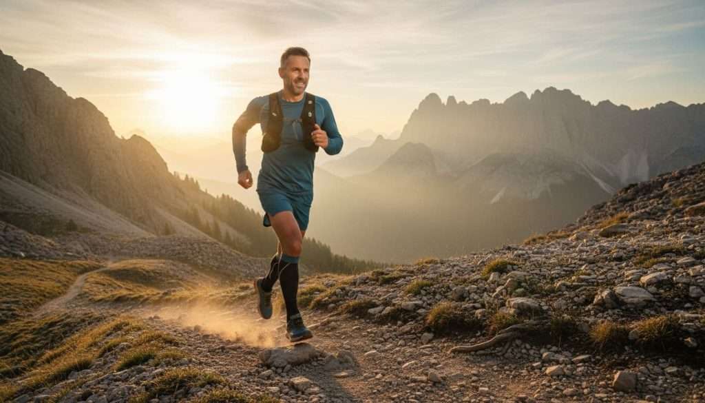 Ultra Bann Fit man in his 40s jogging energetically on a mountain trail at dawn, athletic build in running gear with dynamic pose