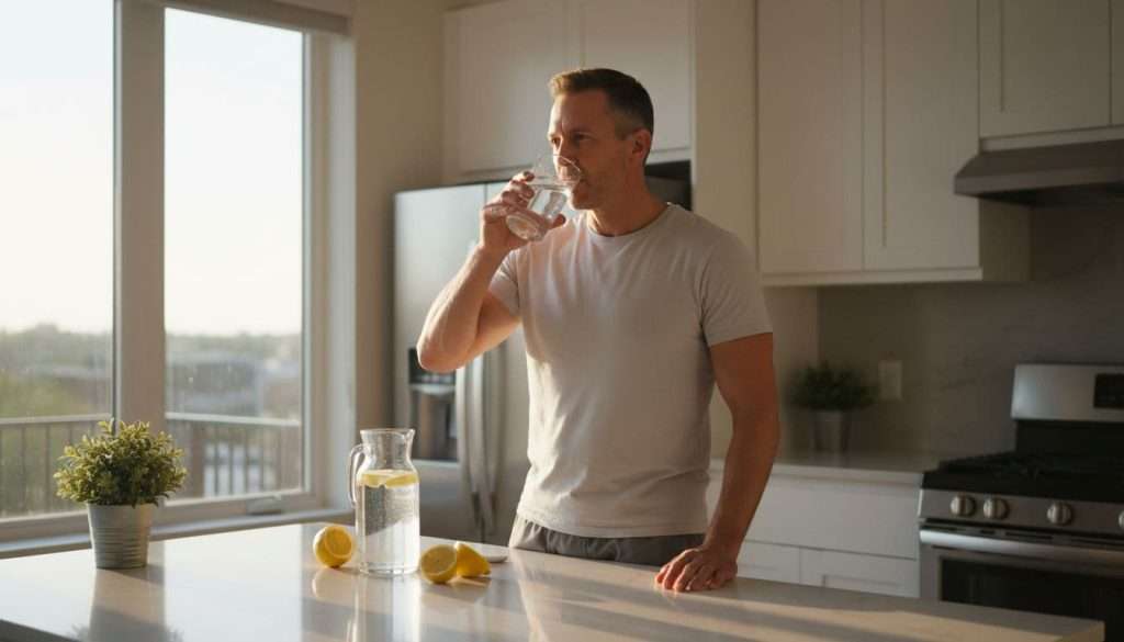 Ultra Bann A fit man in his mid-40s in a modern kitchen at sunrise drinks from a large glass of fresh water, with morning light