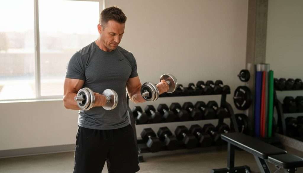 Ultra Bann Athletic man in mid-40s with focused expression doing bicep curls with dumbbells in bright home gym, natural daylight