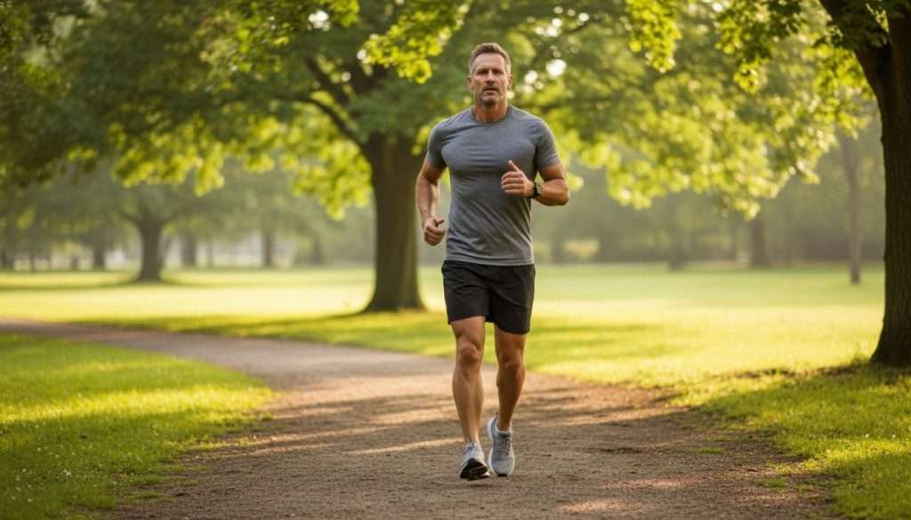 Ultra Bann A fit mature man over 40 jogs energetically on a sunny park path with morning light, athletic build and determined