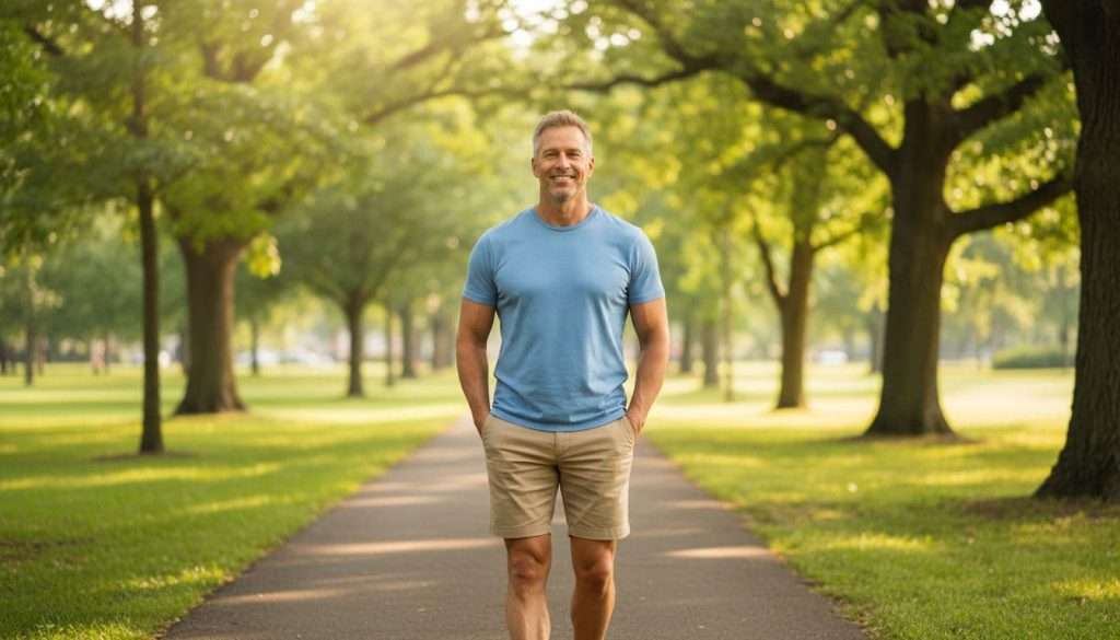 A fit 45-year-old man walks relaxed on a sunny park path in the morning with hands in pockets, wearing casual t-shirt