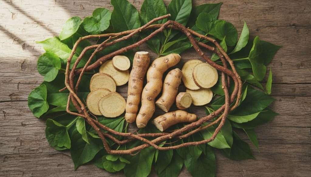 Ultra Bann Closeup top-down view of fresh natural herbs including ashwagandha roots, maca root slices, tongkat ali branches