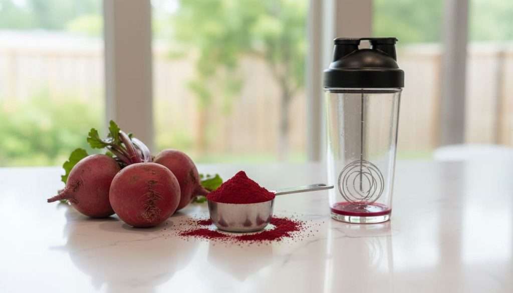 Ultra Bann Fresh beet root powder in a scoop next to whole beets and a shaker bottle on a clean kitchen counter, soft natural