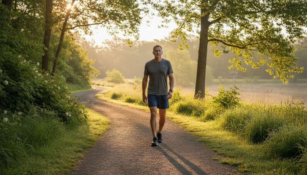 Ultra Bann A mature athletic man in his 40s walks determinedly on a serene park path at sunrise, wearing casual workout clothes