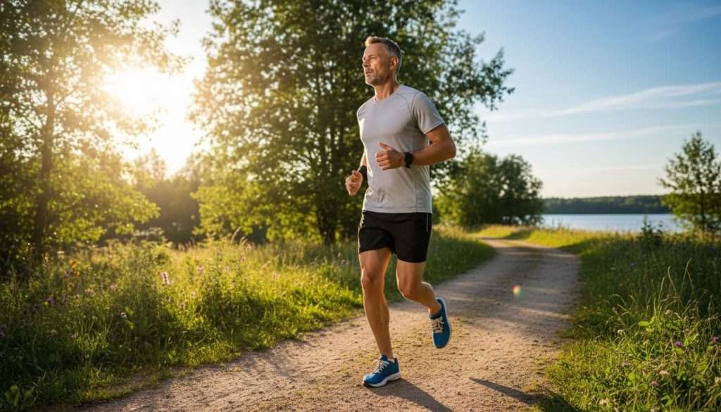 Ultra Bann A focused man in his 40s jogs on a sunny outdoor path in casual athletic clothes, illustrating an active lifestyle
