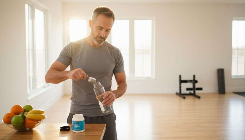 Ultra Bann A mature man over 40 in his home gym or living room adds electrolyte powder to a water bottle with a focused expression