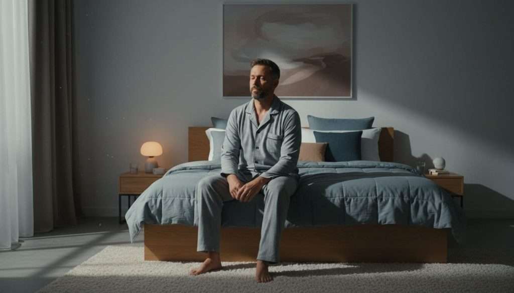 Ultra Bann A mature man over 40 years old sits relaxed on the edge of his bed in a cozy bedroom, with soft moonlight filtering