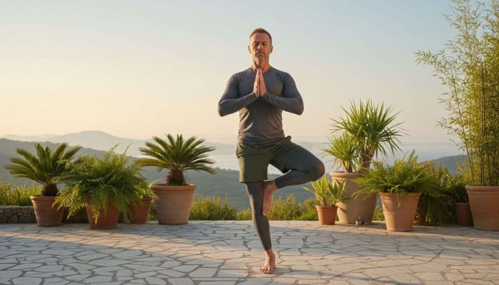 A determined mature man over 40 in fitness attire practices morning yoga on a serene outdoor patio at sunrise, bathed