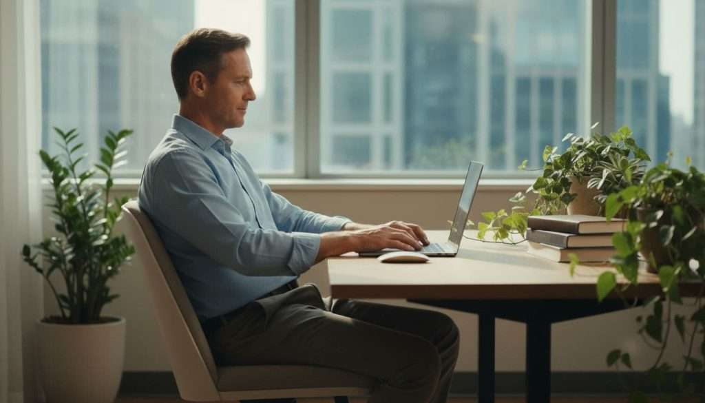 Ultra Bann A mature professional man over 40 sits relaxed at a modern office desk, concentrated on his open laptop amid natural