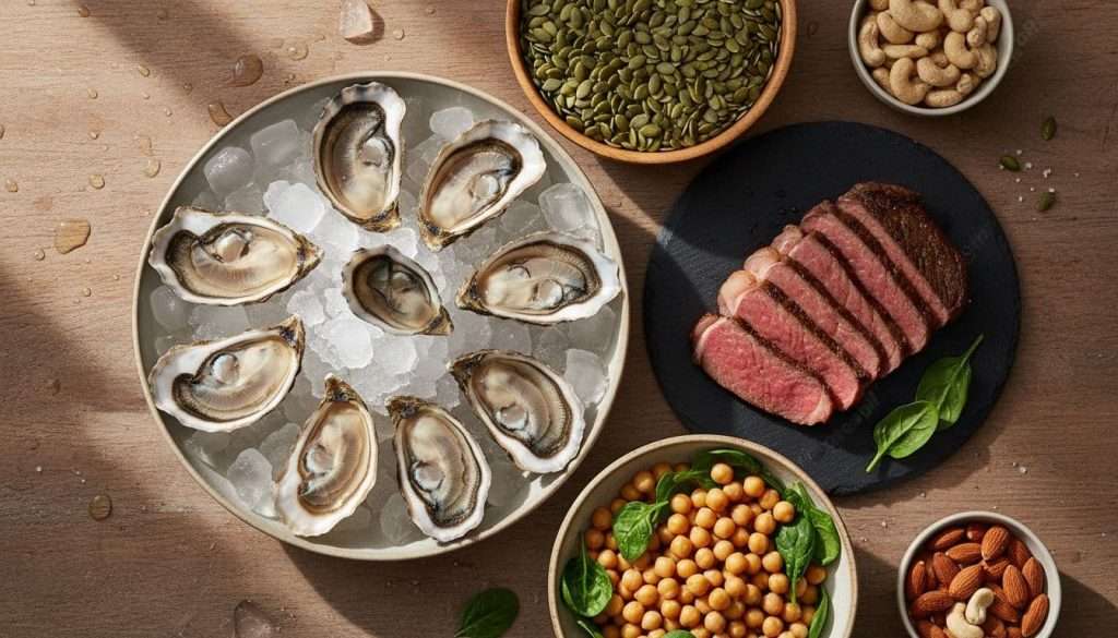Ultra Bann A close-up top-down view of natural zinc-rich foods like oysters, pumpkin seeds, beef slices, chickpeas, cashews