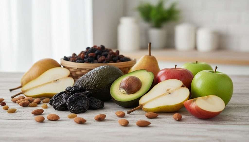 Ultra Bann Close-up of fresh boron-rich foods like avocados, prunes, raisins, almonds, pears, and apples arranged appealingly on