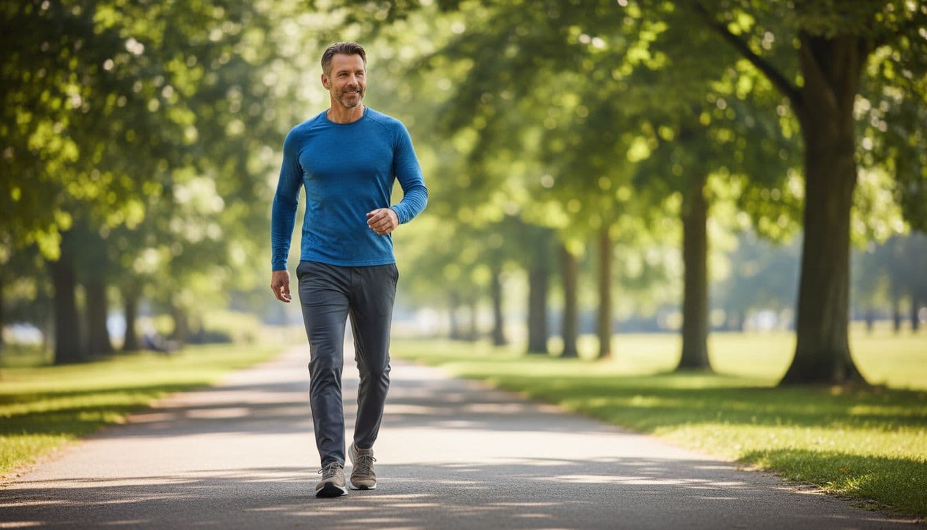 50-year-old man walks briskly on sunny park path with focused expression, blurred green trees behind.