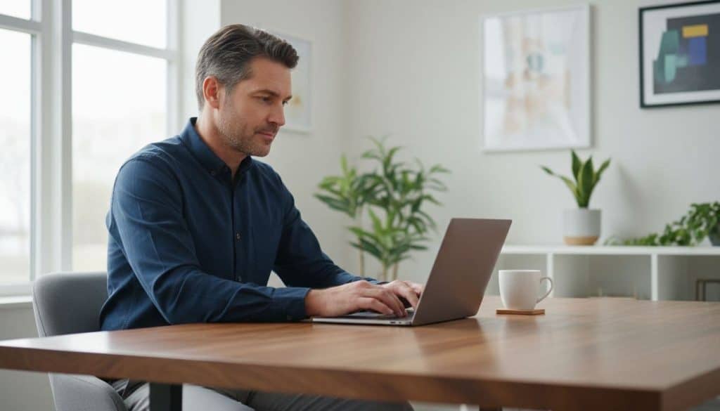 Ultra Bann Confident 45-year-old man in home office at wooden desk with open laptop, typing to verify supplement certification