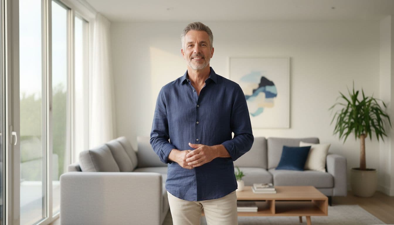 50-year-old man stands relaxed with high-energy posture in modern living room under soft afternoon light.