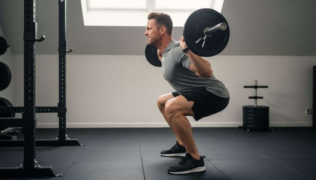 Ultra Bann Side view of a fit man in his 40s with short hair and casual workout clothes performing a barbell squat in a simple home