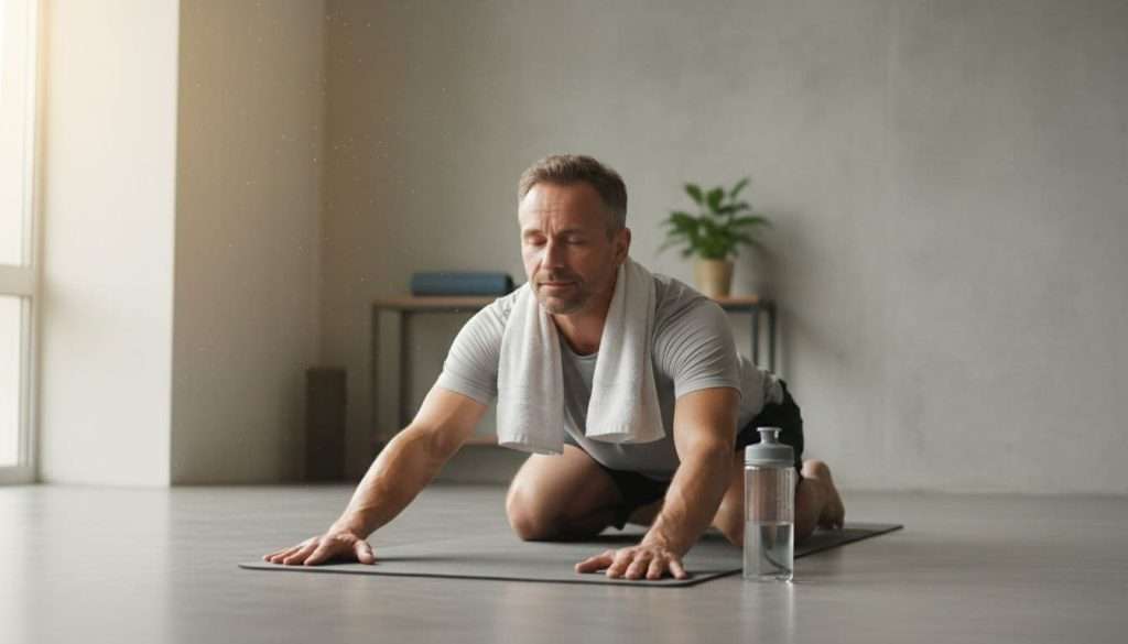 Ultra Bann A fit man in his 40s performs a gentle morning recovery stretch in child's pose in a home gym, towel around neck, sweat