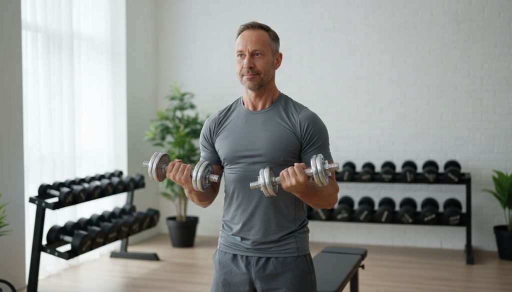Ultra Bann A fit man in his mid-40s performs resistance training with dumbbells in a modern home gym, showing confident focus
