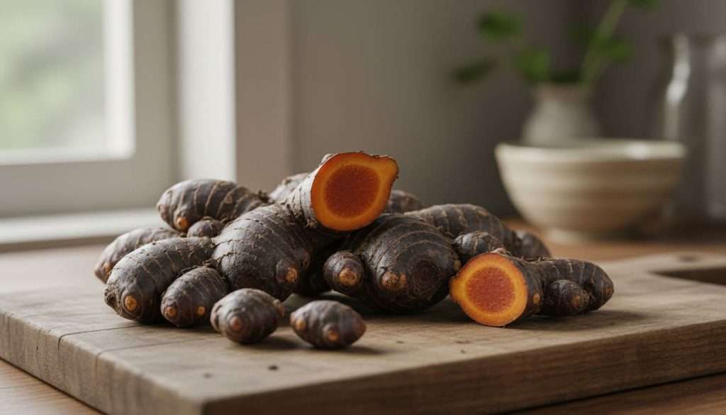 Ultra Bann Fresh black ginger roots on a wooden surface in natural kitchen light, close-up showing texture and orange interior