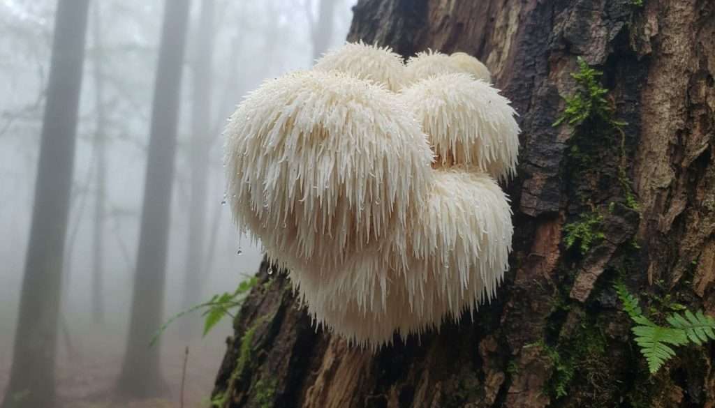 Ultra Bann Close-up of Lion's Mane mushrooms growing on a hardwood tree trunk in a misty forest, highlighting white cascading spines