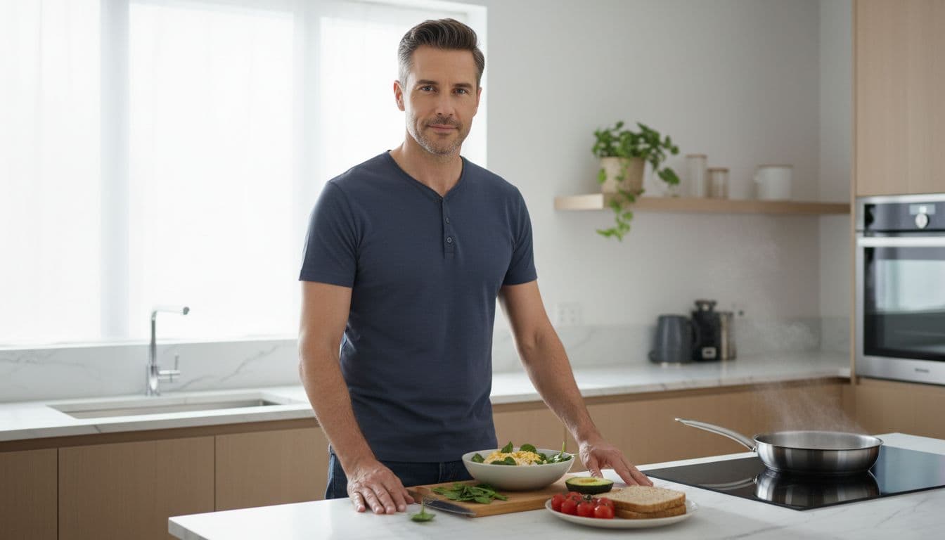 Ultra Bann A calm, confident 40-50 year old man prepares a protein-rich breakfast of eggs and greens in a modern home kitchen, bathed in soft natural morning light.