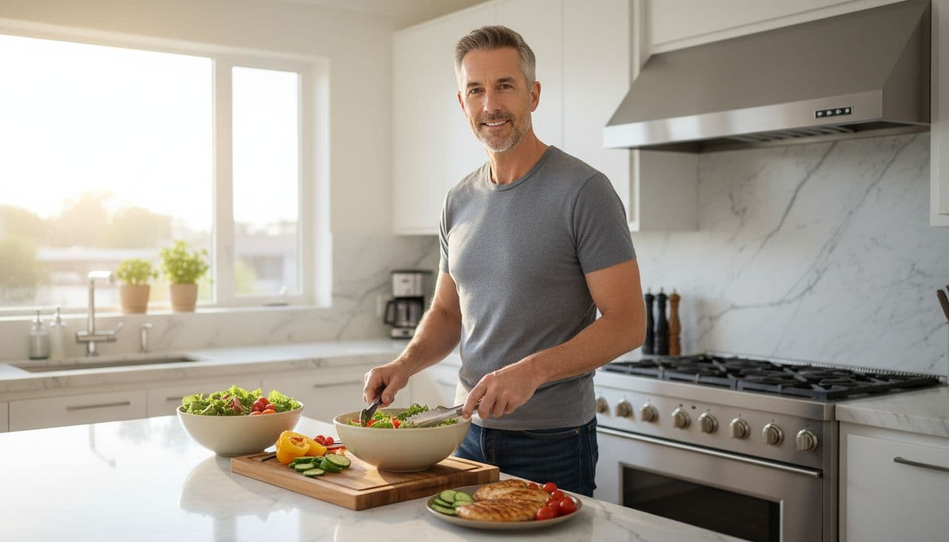 Confident man aged 45-55 in modern home kitchen prepares fresh salad and protein meal to end his intermittent fast, with natural morning light and relaxed smile.